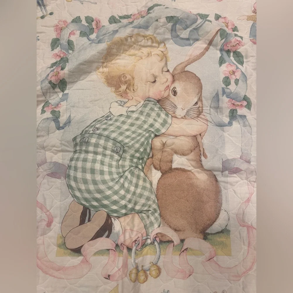 Vintage Daisy Kingdom Bunny Rabbit Nursery Crib Quilt Blanket Eyelet Lace Trim